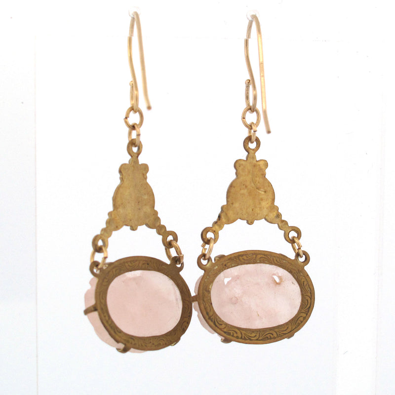 Carved Rose Quartz and Stamped Brass Pendaloque Earrings j-ervn1001