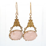 Carved Rose Quartz and Stamped Brass Pendaloque Earrings j-ervn1001