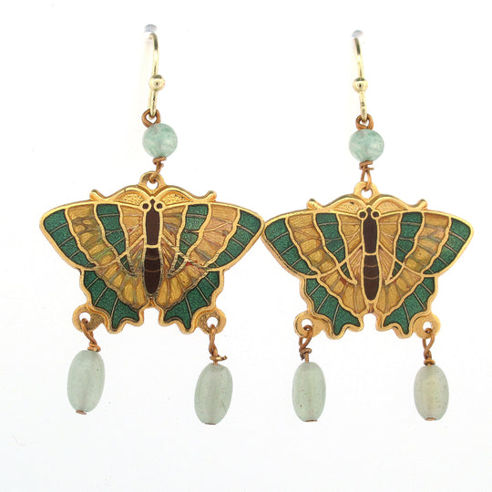 Vintage green & golden cloisonné enamel butterfly earrings with aventurine drops. China 1970s. j-eror503