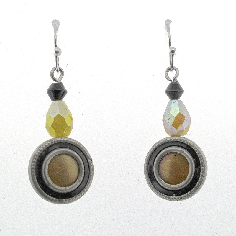 Enamel Earrings, iridescent orange-yellow with glass beads.  j-ervn1003