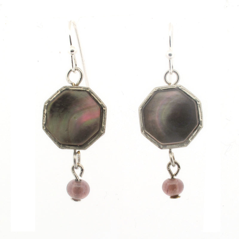 Irridescent Mother of Pearl Earrings, with lavender frosted glass bead.  j-ervn1006