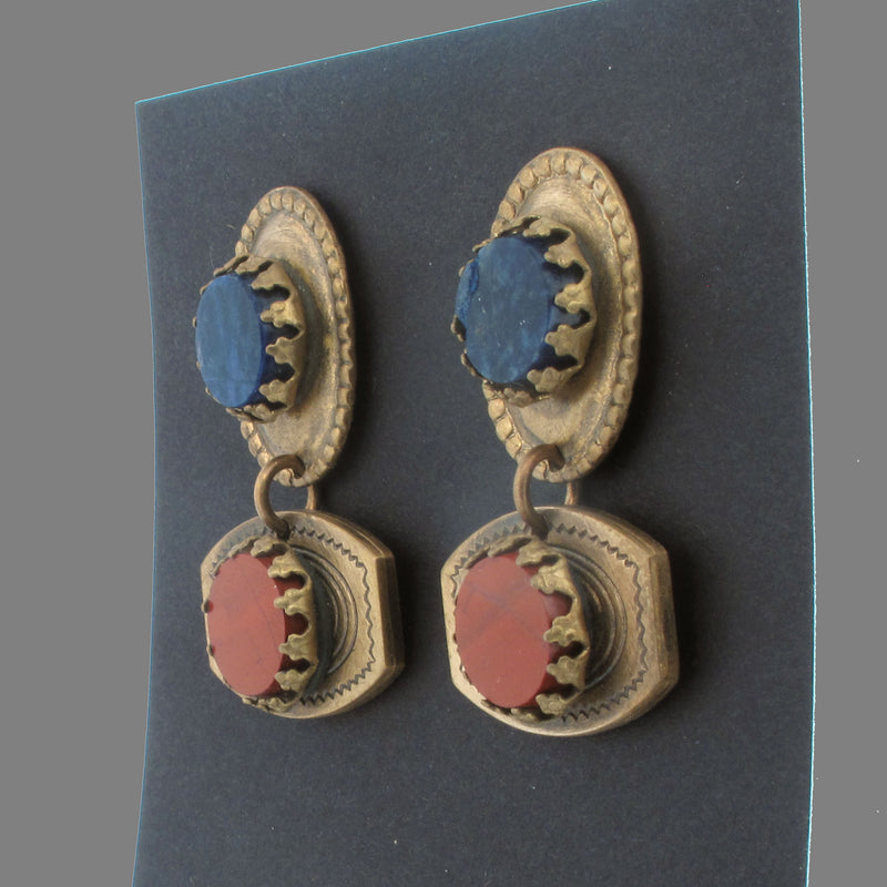 Vintage fancy brass, Sodalite and Red Jasper earrings. ervn1007