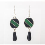 Art Deco British Green and Black Enamel Earrings, black glass drop.  j-ervn985
