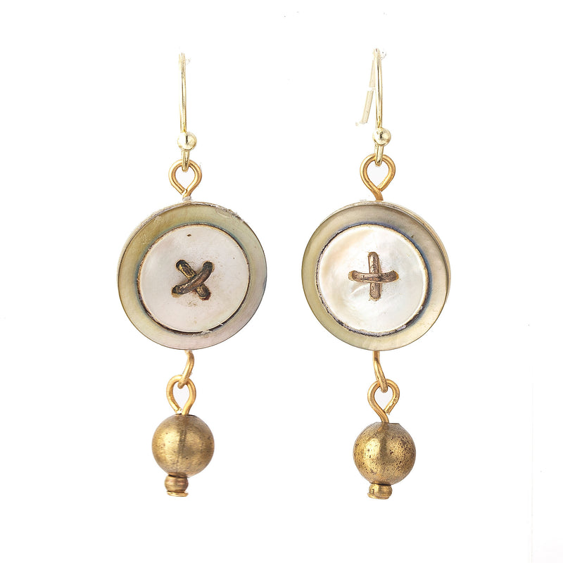 Mother of Pearl  Button Style Earrings, with brass bead drop.  j-ervn986
