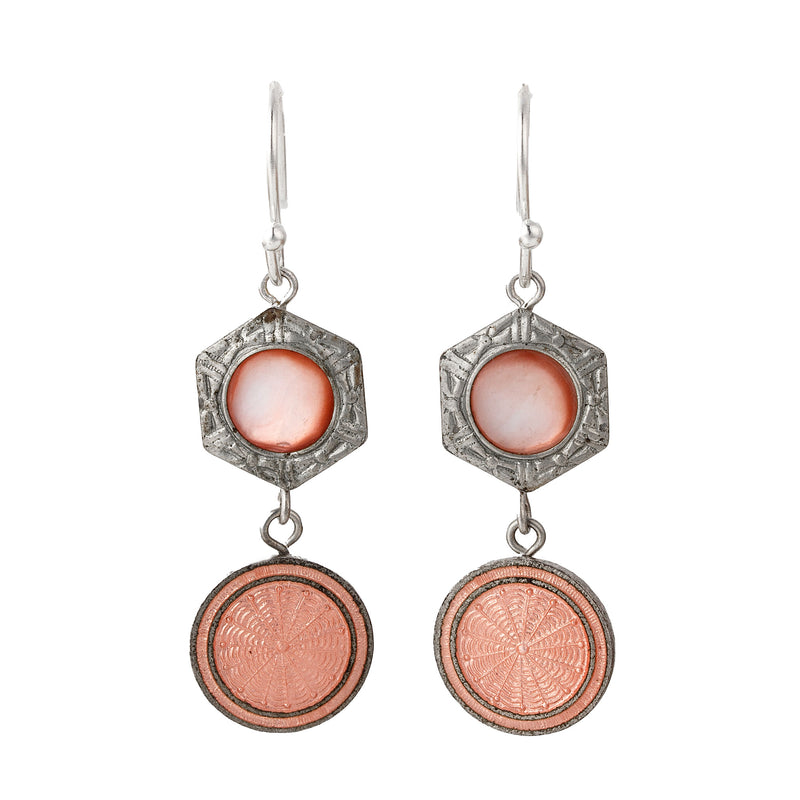 Edwardian Peachy Pink Guilloche Enamel Earrings, with pink shell.  j-ervn987
