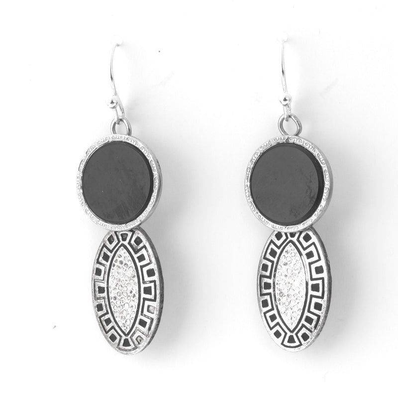 Black Stone and Etched Metal Dangle Earring.   j-ervn991