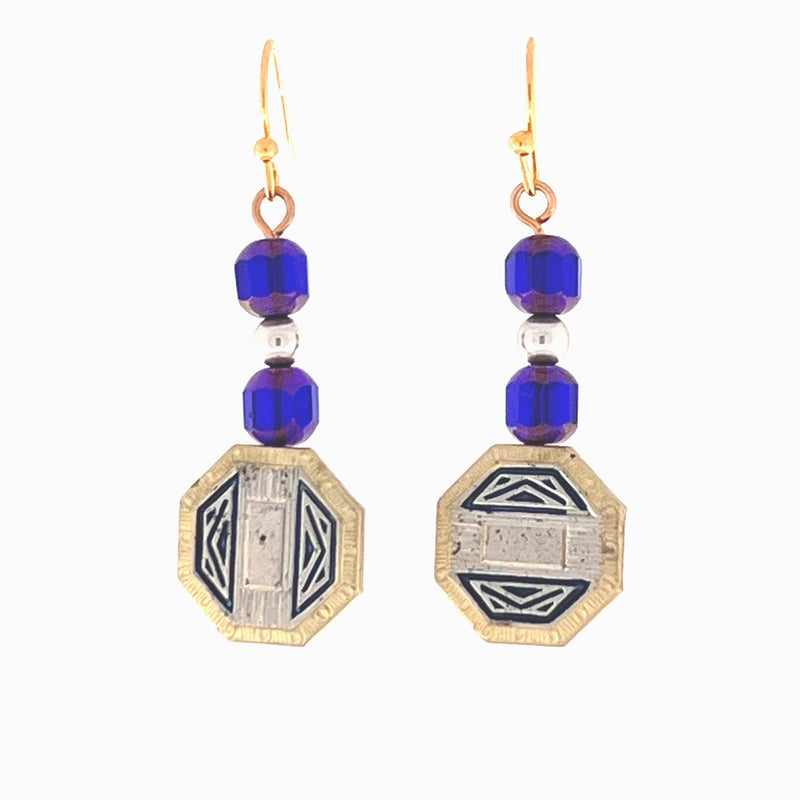 Enamel and Two Colored Metal Earrings, with blue glass beads. 1930. j-ervn993