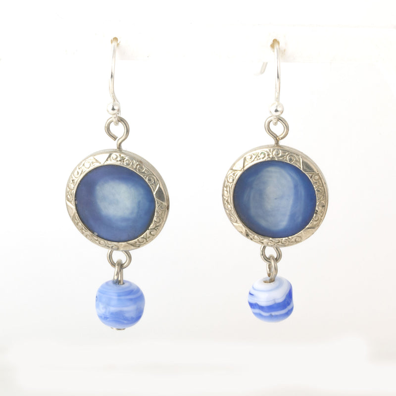Blue Irridescent Mother of Pearl Earrings, with swirled blue & white bead.  j-ervn994