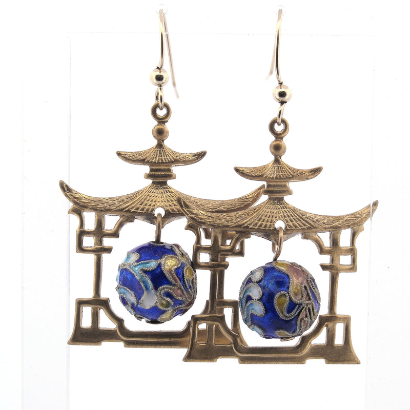 Pagoda Earrings with Blue Cloisonne Botanical Bead Dangle.  j-ervn997