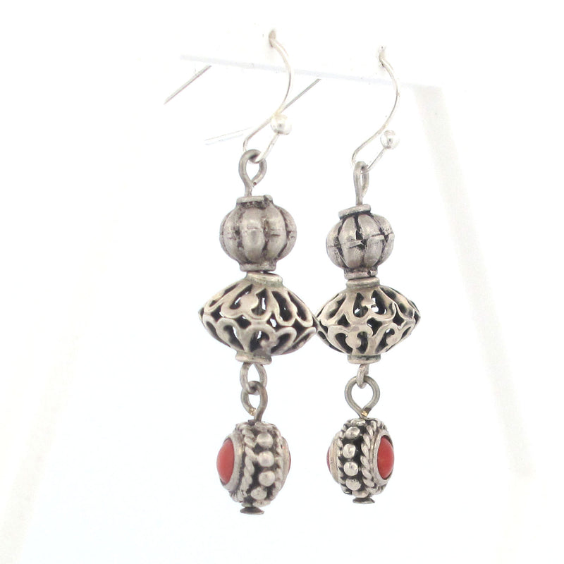 Sterling Tribal Style Tibetan Coral Earrings. j-ervs905