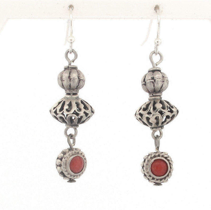 Sterling Tribal Style Tibetan Coral Earrings. j-ervs905
