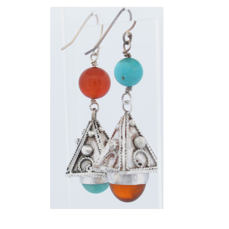Earrings of silver, turquoise and carnelian.  j-ervs906