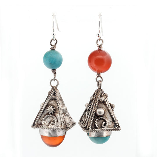 Earrings of silver, turquoise and carnelian.  j-ervs906