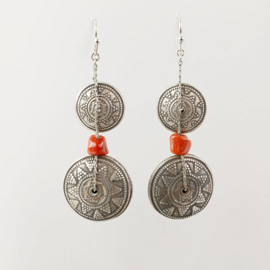 Vintage sterling fancy Bali silver bead earrings with Mediterranean coral beads. ervs910