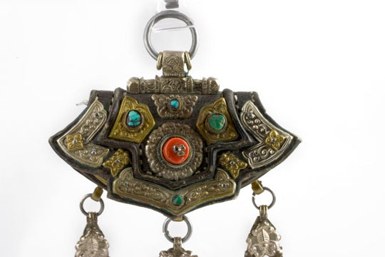 Tibetan leather pouch with repousee gilt and silver metal mounts Coral & Turquoise. HBET101