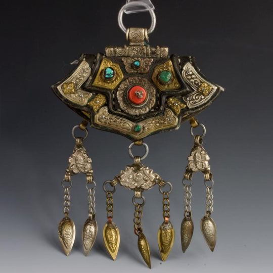 Tibetan leather pouch with repousee gilt and silver metal mounts Coral & Turquoise. HBET101