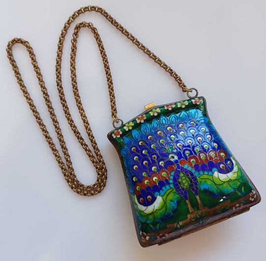 Vintage Chinese cloisonne enamel on brass Peacock motif purse. hbor231