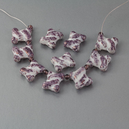 Vintage Picasso finish 2-hole beads purple & white. 14x16mm. West Germany.  Pkg of 7. b11-pp-0428