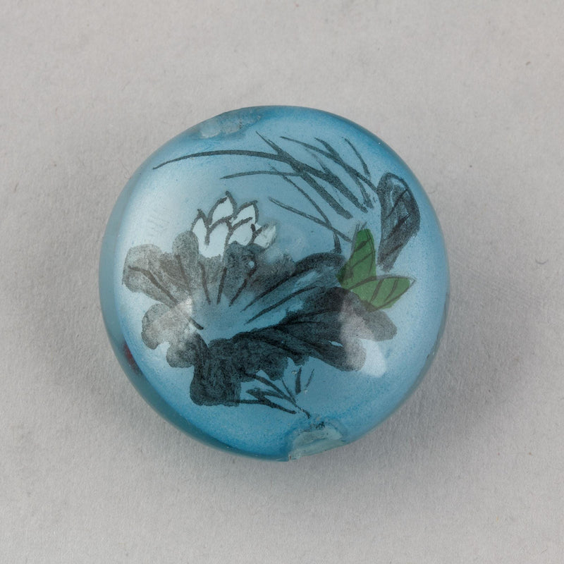Reverse Painted Hollow Glass Bead, blue with bird. 30mm. Pkg 1. B10-0008D