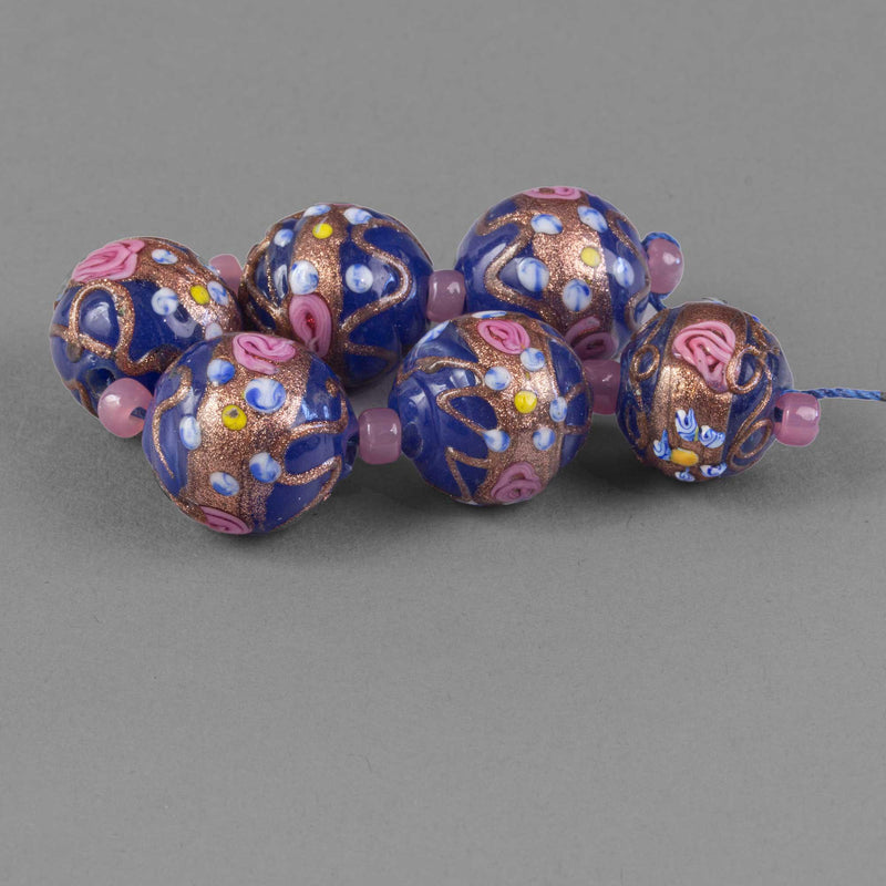 Cobalt blue Venetian Fiorato Wedding Cake glass beads. Vintage 1950s. 18mm. Pkg 1. b1-1077