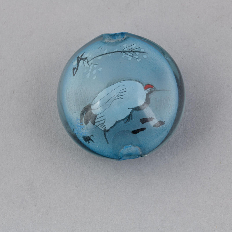 Reverse Painted Hollow Glass Bead, blue with bird. 30mm. Pkg 1. B10-0008D