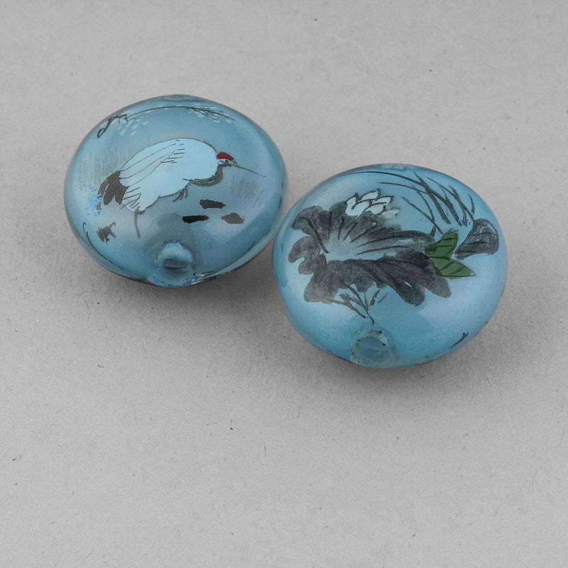 Reverse Painted Hollow Glass Bead, blue with bird. 30mm. Pkg 1. B10-0008D