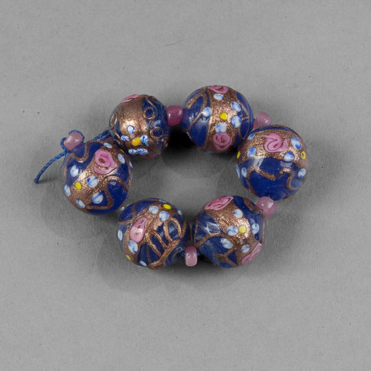 Cobalt blue Venetian Fiorato Wedding Cake glass beads. Vintage 1950s. Strand of 6 beads.  b1-1077