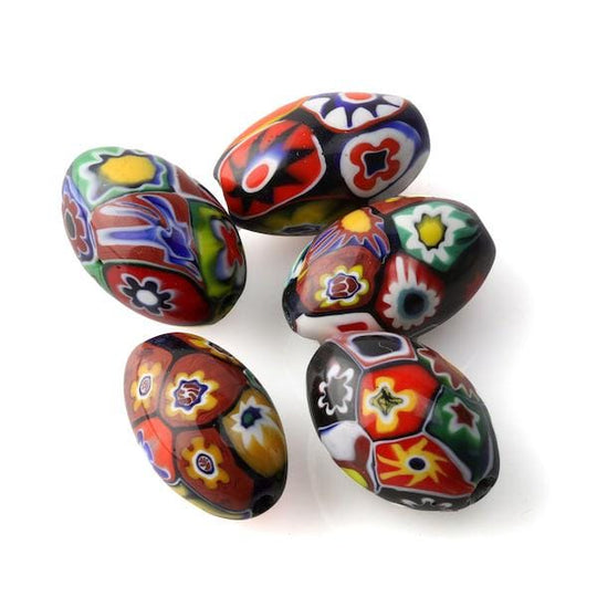 Vintage Murano Moretti studio millefiori glass beads. 1920s-30s. 15-16mm x 9-10mm ovals. Pkg.1. b1-1032