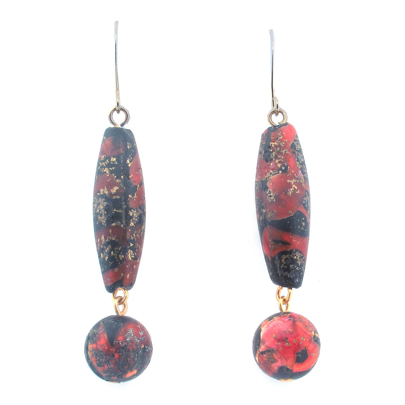 Italian lampwork dangle earring, black and red foil beads. j-ervn1009