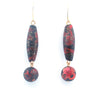 Italian lampwork dangle earring, black and red foil beads. j-ervn1009