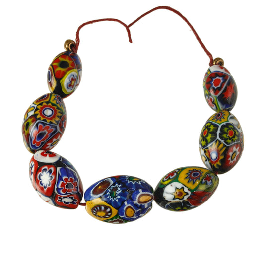Venetian oval Moretti millefiori glass beads, graduated strand. 7 beads, Pkg1 Str. b1-3018
