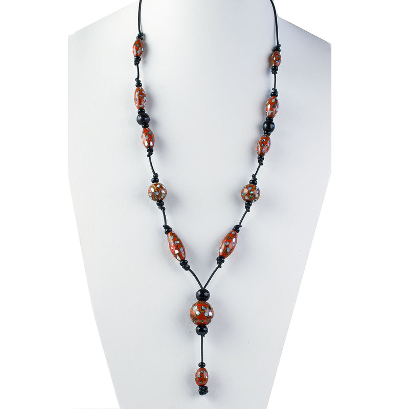 Antique rare Japanese red-orange Mokume style lacquer beads with abalone shell inlay necklace. Early 20th century. nlor823