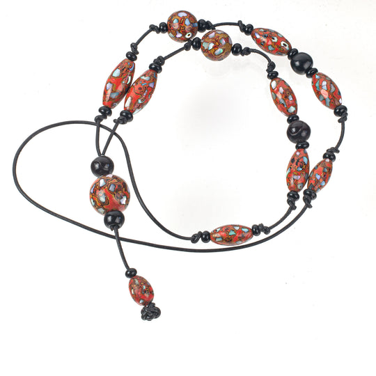 Antique rare Japanese red-orange Mokume style lacquer beads with abalone shell inlay necklace. Early 20th century. nlor823