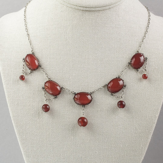 Art Deco style necklace of prong set Carnelian stone links and silver chain. nlad1000