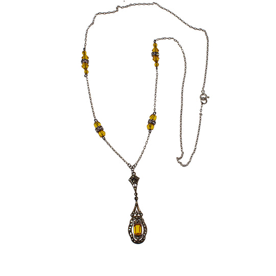 Art Deco lavalier pendant necklace with citrine glass stones.  925 silver  25".  nlad1001