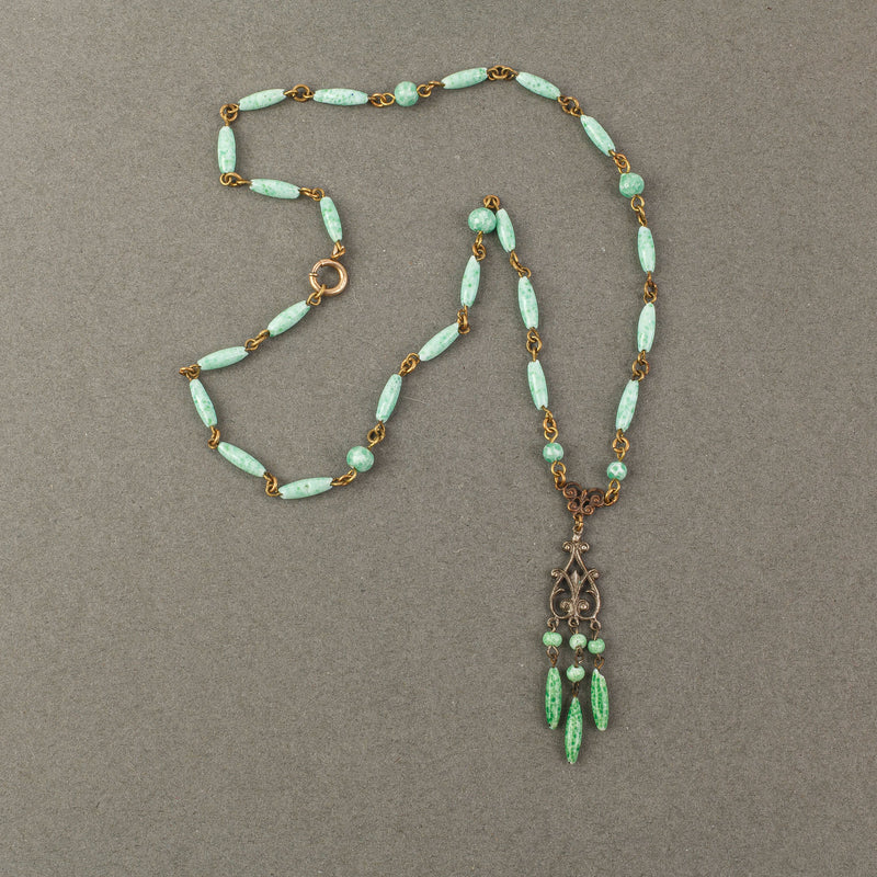 Art Deco Green Bohemian Glass Lavaliere Necklace.  1920s, Czechoslovakia. j-nlad997