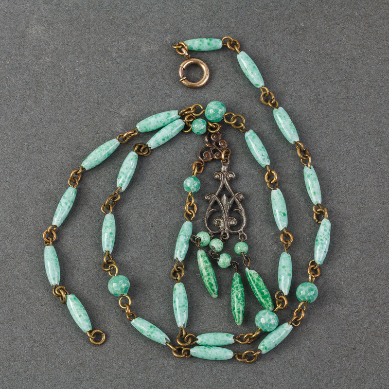 Art Deco Green Bohemian Glass Lavaliere Necklace.  1920s, Czechoslovakia. j-nlad997