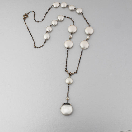 Art Deco glass pearl and brass chain lavaliere necklace.  Czechoslovakia 1920s.  nlad998