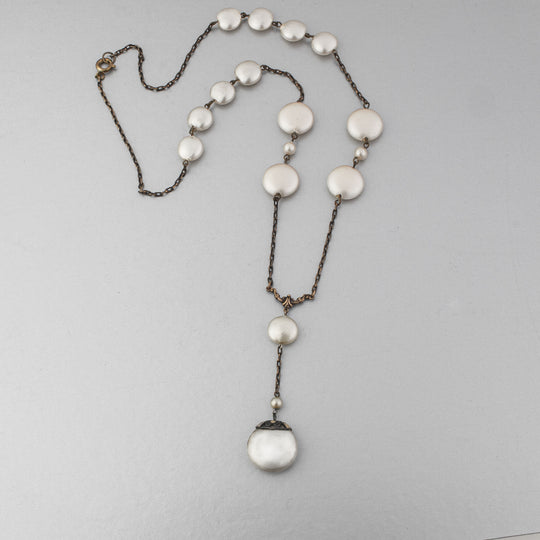 Art Deco glass pearl and brass chain lavaliere necklace.  Czechoslovakia 1920s.  nlad998