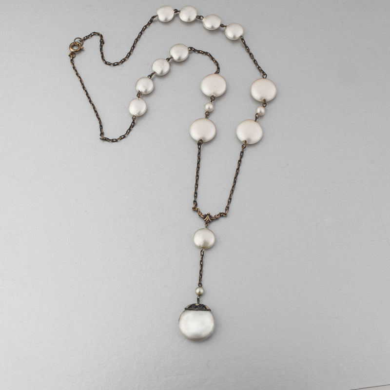 Art Deco glass pearl and brass chain lavaliere necklace.  Czechoslovakia 1920s.  nlad998