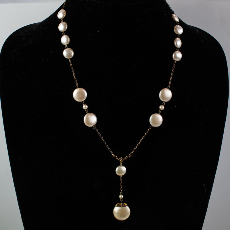 Art Deco glass pearl and brass chain lavaliere necklace.  Czechoslovakia 1920s.  nlad998