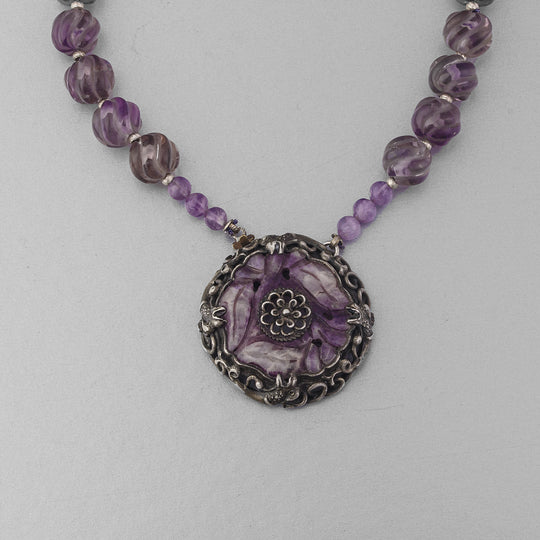 Art Deco silver & amethyst pendant suspended from amethyst beads and fancy silver link chain.  21.5"  . j-nlad999