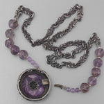 Art Deco silver & amethyst pendant suspended from amethyst beads and fancy silver link chain.  21.5"  . j-nlad999
