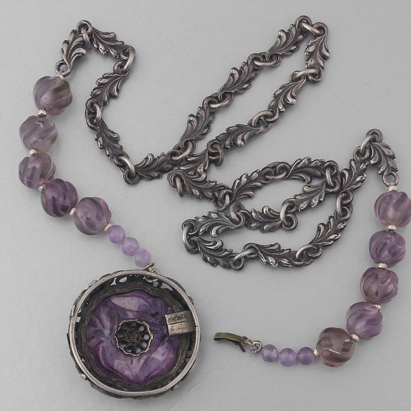 Art Deco silver & amethyst pendant suspended from amethyst beads and fancy silver link chain.  21.5"  . j-nlad999