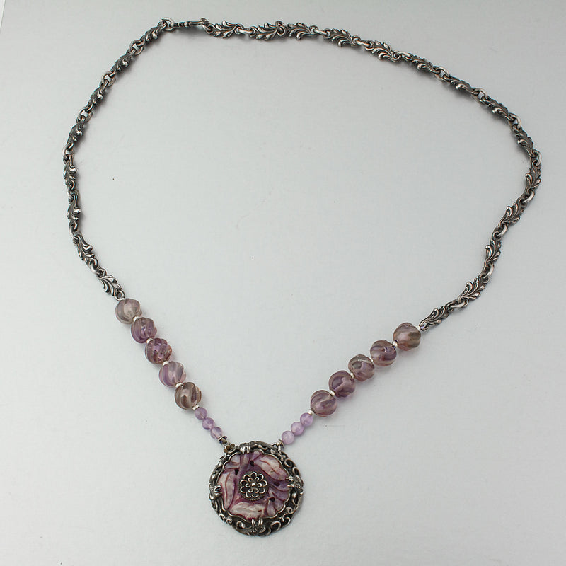 Art Deco silver & amethyst pendant suspended from amethyst beads and fancy silver link chain.  21.5"  . j-nlad999