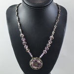 Art Deco silver & amethyst pendant suspended from amethyst beads and fancy silver link chain.  21.5"  . j-nlad999