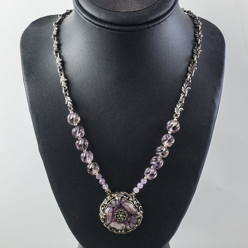 Art Deco silver & amethyst pendant suspended from amethyst beads and fancy silver link chain.  21.5"  . j-nlad999