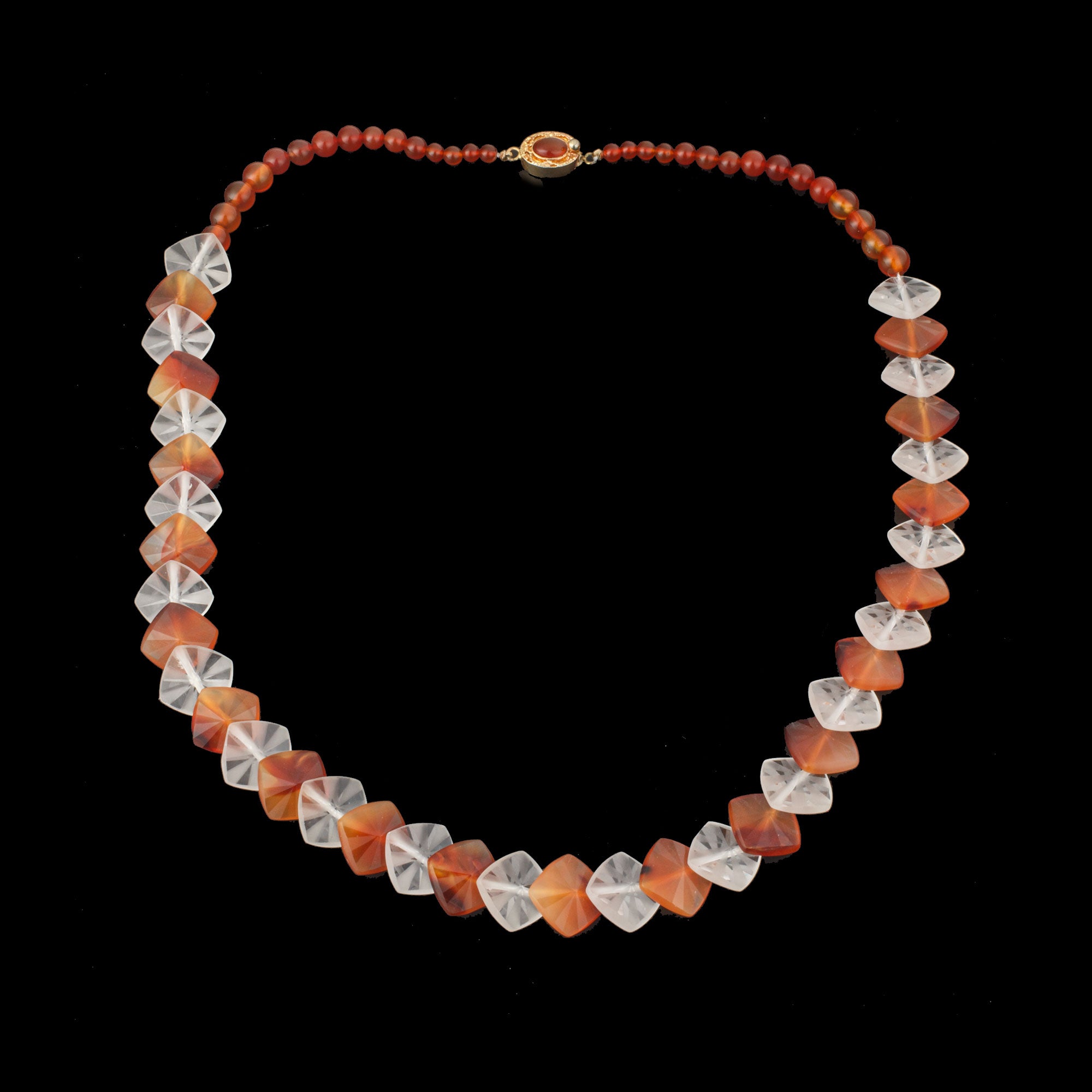 Carnelian and Clear Quartz Diamond Shaped Bead Necklace. 20 nlbd1000