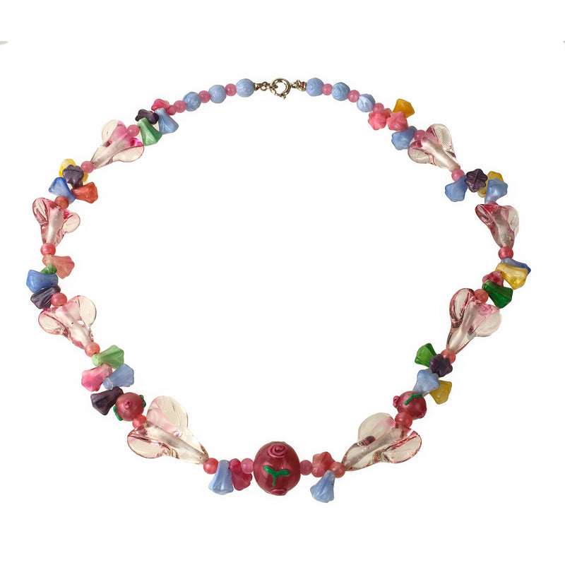 Vintage colorful pressed glass flower necklace. Czechoslovakia.  16.5 inches. J-NLBD2187