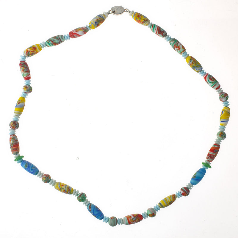Millefiori oval matte glass bead necklace, Japan. 23 inches. nlbg2188